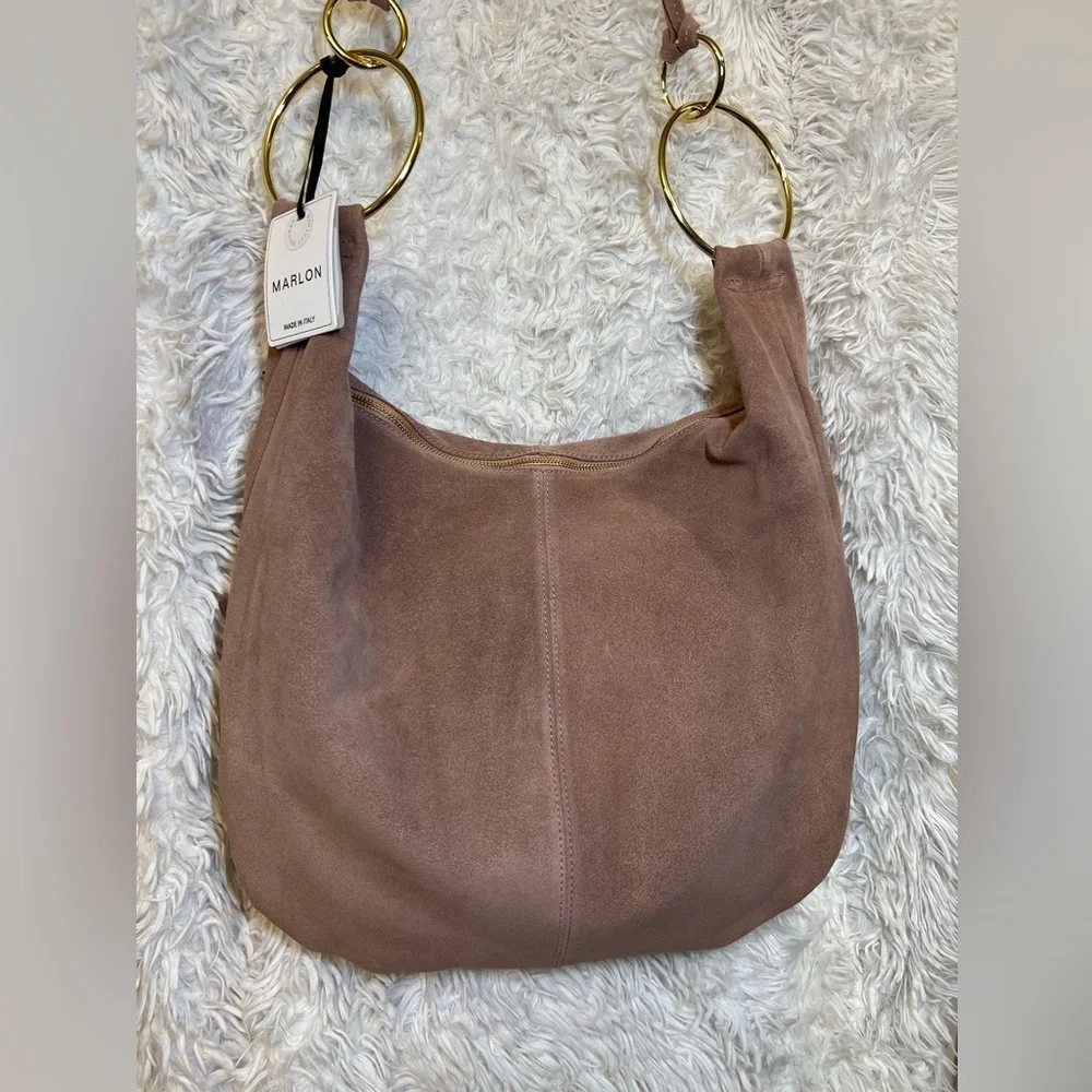 🩷NWT-MARLON GORGEOUS Made In Italy Genuine Suede Leather Circle Handle Hobo🩷